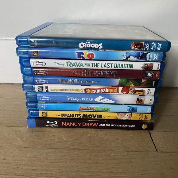 Lot 10 Blu Ray DVD Kids Family Movies - Up Tinkerbell Maleficent Rio Croods Raya - Picture 1 of 5